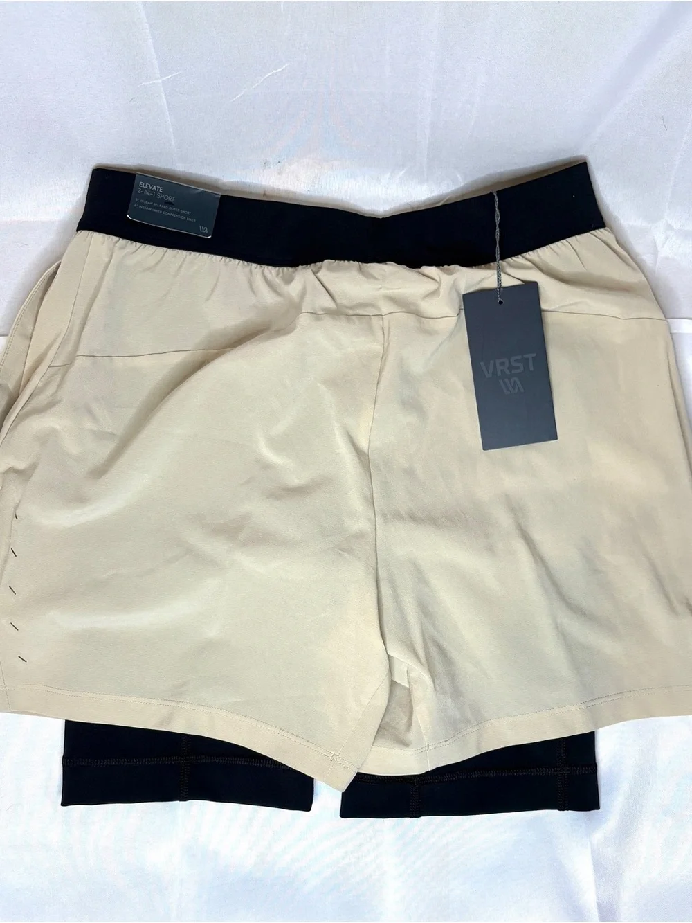 Men's Beige Athletic Shorts with Black Waistband - Picture 2 of 2